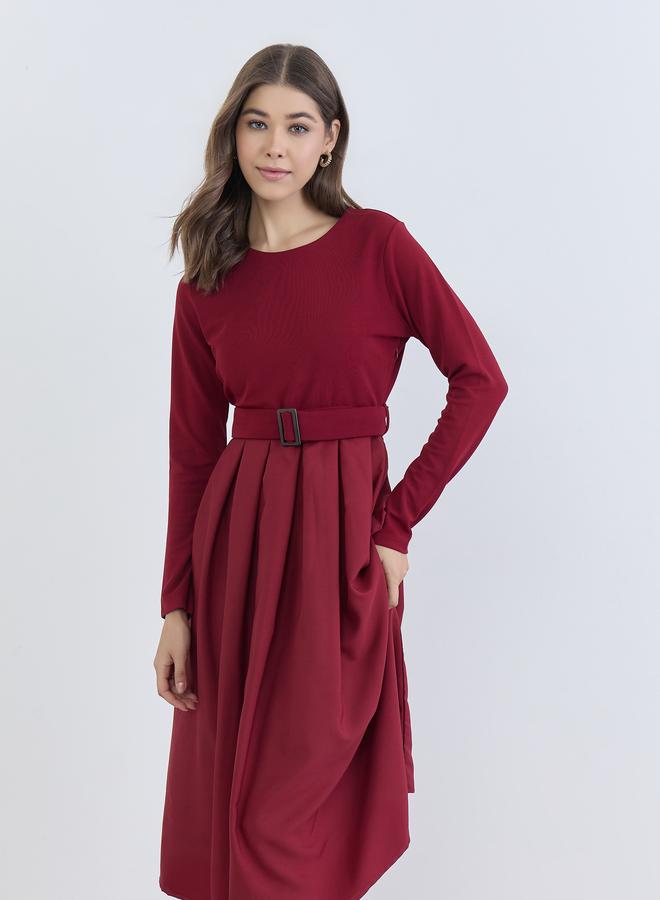 Styli Women Maroon Belted A-Line Midi Dress - Image 3